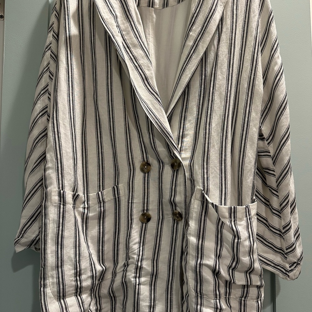 Trendy Oversized Striped Double-Breasted Linen Blazer